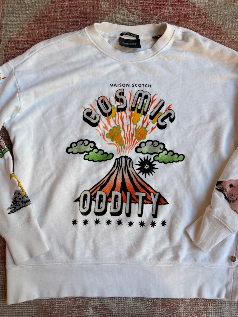 Scotch & Soda White 'Cosmic Oddity' Graphic Crewneck with Orange & Green Accents
